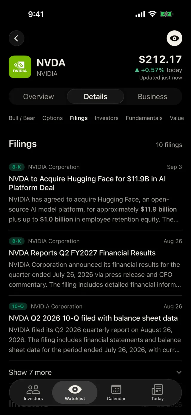 Howl's filings page for Nvidia, each filing summarised in a sentence
